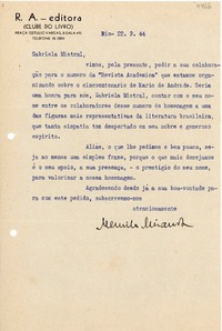 [Carta] 1944 sept. 22, Río [de Janeiro] [a] [Gabriela Mistral]