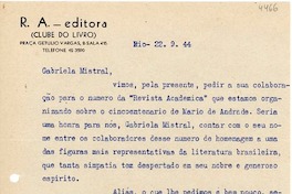 [Carta] 1944 sept. 22, Río [de Janeiro] [a] [Gabriela Mistral]