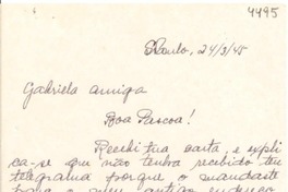 [Carta] 1945 mar. 24, Sao Paulo [a] Gabriela Mistral