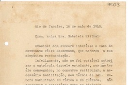 [Carta] 1945 mayo 16, Río de Janeiro [a] Gabriela Mistral