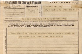 [Telegrama] 1945 nov. 17, Petrópolis, RJ, [Brasil] [a] Gabriela Mistral, Rio, [Brasil]