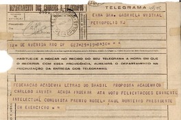 [Telegrama] 1945 nov. 19, Rio DF, [Brasil] [a] Gabriela Mistral, Petropolis, RJ, [Brasil]