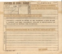 [Telegrama] [1945 nov.], Santa Teresa, Rio DF, [Brasil] [a] Gabriela Mistral, Petropolis, RJ, [Brasil]