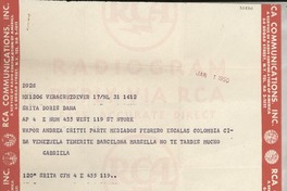 [Telegrama] 1950 ene. 1, Veracruz, [México] [a] Doris Dana, New York, [EE.UU.]