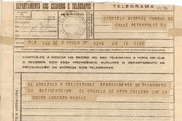 [Telegrama] 1945 nov. 16, Petrópolis [a] Gabriela Mistral