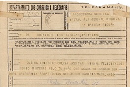 [Telegrama] 1945 nov. 17, Ipanema, Brasil [a] Gabriela Mistral