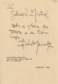 [Carta] 1945 nov, São Paulo [a] Gabriela Mistral