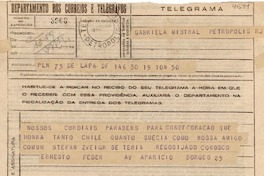 [Telegrama] 1945 nov. 19, Río de Janeiro [a] Gabriela Mistral, Petrópolis