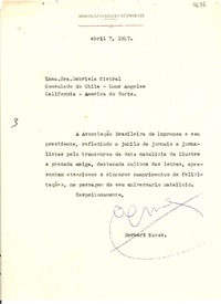 [Carta] 1947 abr. 7, [Río de Janeiro] [a] Gabriela Mistral, Los Ángeles, California
