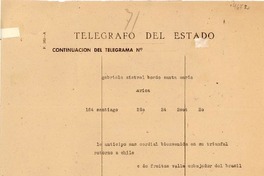 [Telegrama] 1954 sept. 3, [Chile] [a] Gabriela Mistral, [Barco] Santa María, Arica, [Chile]