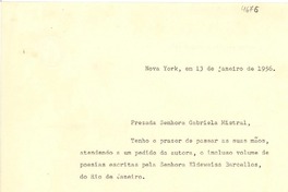 [Carta] 1956 ene. 13, Nova York, [Estados Unidos] [a] Gabriela Mistral, [Estados Unidos]