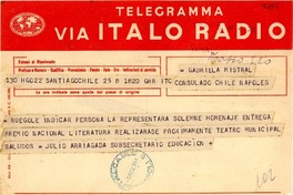 [Telegrama] 1951 nov. 9, Santiago, Chile [a] Gabriela Mistral, Nápoles
