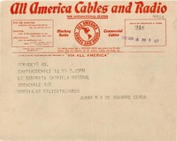 [Telegrama] 1945 nov. 16, Santiago, Chile [a] Gabriela Mistral, Emba[jada] [de] Chile, Rio [de Janeiro]