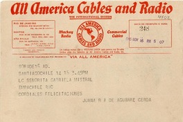 [Telegrama] 1945 nov. 16, Santiago, Chile [a] Gabriela Mistral, Emba[jada] [de] Chile, Rio [de Janeiro]