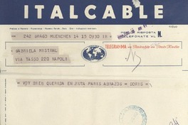 [Telegrama] 1952 jun. 15, Muenchen, [Alemania] [a] Gabriela Mistral, Napoli, [Italia]