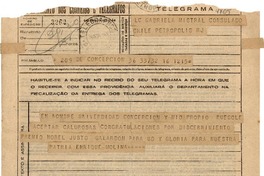 [Telegrama] 1945 nov. 16, Concepción, [Chile] [a] Gabriela Mistral, Consulado [de] Chile, Petrópolis