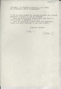 Palabras de Gabriela Mistral a los niños de la "Escuela 18 de Valparaíso"