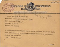 [Telegrama] 1950 ago. 17, [México] [a] Gabriela Mistral, Consulado de Chile, Veracruz, [México]