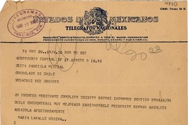 [Telegrama] 1950 ago. 17, [México] [a] Gabriela Mistral, Consulado de Chile, Veracruz, [México]