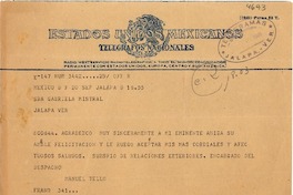 [Telegrama] 1949 sept. 20, México D. F. [a] Gabriela Mistral, Jalapa