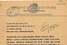 [Telegrama] 1950 oct. 11, Santiago, Chile [a] Gabriela Mistral, Consulado de Chile, Veracruz