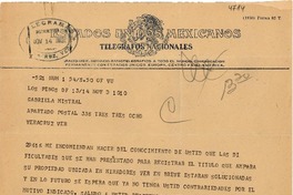 [Telegrama] 1950 nov. 14, [México D.F.] [a] Gabriela Mistral, Veracruz