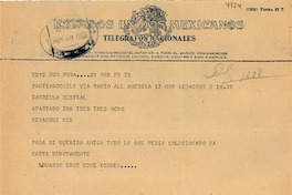 [Telegrama] 1950 nov. 13, Santiago, Chile [a] Gabriela Mistral, Veracruz, [México]