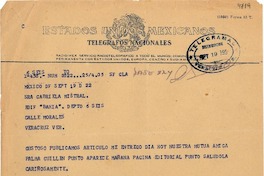 [Telegrama] 1950 sept. 19, México D. F. [a] Gabriela Mistral, Veracruz