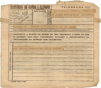 [Telegrama] 1945 nov., Rancagua, [Chile] [a] Gabriela Mistral, Consulado de Chile, Petrópolis, [Brasil]