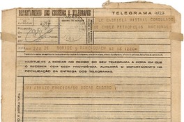 [Telegrama] 1945 nov., Rancagua, [Chile] [a] Gabriela Mistral, Consulado de Chile, Petrópolis, [Brasil]