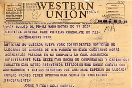 [Telegrama] 1946 mar. 11, Washington D.C., [EE.UU.] [a] Gabriela Mistral, N. Y., [EE.UU.]