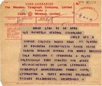 [Telegrama] 1945 nov. 18, Lima [a] Gabriela Mistral, Rio de Janeiro
