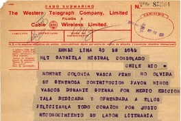 [Telegrama] 1945 nov. 18, Lima [a] Gabriela Mistral, Rio de Janeiro