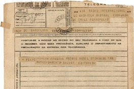 [Telegrama] [1945 nov.?], Barcelona, [España] [a] Gabriela Mistral, Embajada de Chile, Petrópolis, [Brasil]