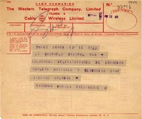 [Telegrama] 1945 nov. 16, Santiago, Chile [a] Gabriela Mistral, Río de Janeiro