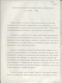 Palabras pronunciadas por Gabriela Mistral cuando recibio el Premio Nobel
