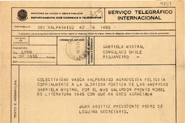 [Telegrama] 1945 nov. 16, Valparaíso [a] Gabriela Mistral, Río de Janeiro