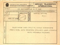 [Telegrama] 1945 nov. 17, Santiago, Chile [a] Gabriela Mistral, Río de Janeiro