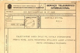 [Telegrama] 1945 nov. 17, Santiago, Chile [a] Gabriela Mistral, Río de Janeiro