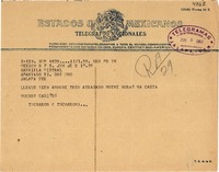 [Telegrama] 1950 jun. 5, México D.F. [a] Gabriela Mistral, Jalapa, Ver[acruz], México