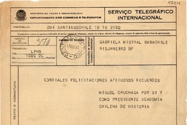 [Telegrama] 1945 nov. 17, Santiago, Chile [a] Gabriela Mistral, Río de Janeiro