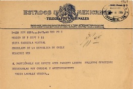 [Telegrama] 1950 sept. 8, México D.F. [a] Gabriela Mistral, Consulado de la República de Chile, Veracruz