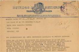 [Telegrama] 1949 feb. 22, Veracruz [a] Gabriela Mistral, Hotel Mocambo, Veracruz, [México]