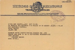 [Telegrama] 1949 ago. 24, Venezia [a] Gabriela Mistral, Hotel Jalapa, Ver[acruz], [México]