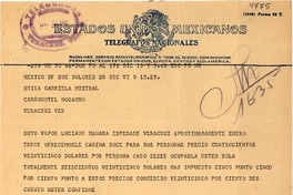 [Telegrama] 1949 dic. 20, México D.F. [a] Gabriela Mistral, Hotel Mocambo, Veracruz, [México]