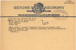 [Telegrama] 1949 ago. 29, México D.F. [a] Gabriela Mistral, Hotel Mocambo, Veracruz, [México]
