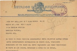 [Telegrama] 1949 feb. 1, México D.F. [a] Gabriela Mistral, [Hotel] Mocambo, Ver[acruz], [México]