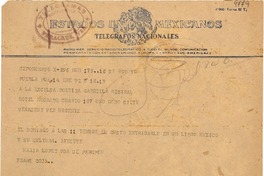 [Telegrama] [1949?] ene. 14, Puebla, [México] [a] Gabriela Mistral, Hotel Mocambo, Veracruz, [México]