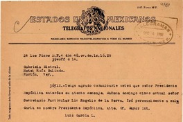 [Telegrama] 1948 dic. 4, Los Pinos, México D.F. [a] Gabriela Mistral, Veracruz