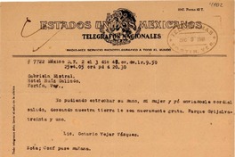 [Telegrama] 1948 dic. 3, México D.F. [a] Gabriela Mistral, Veracruz